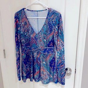 Avon • Boho floral v neck long sleeve top w braided detail at waist, sz small